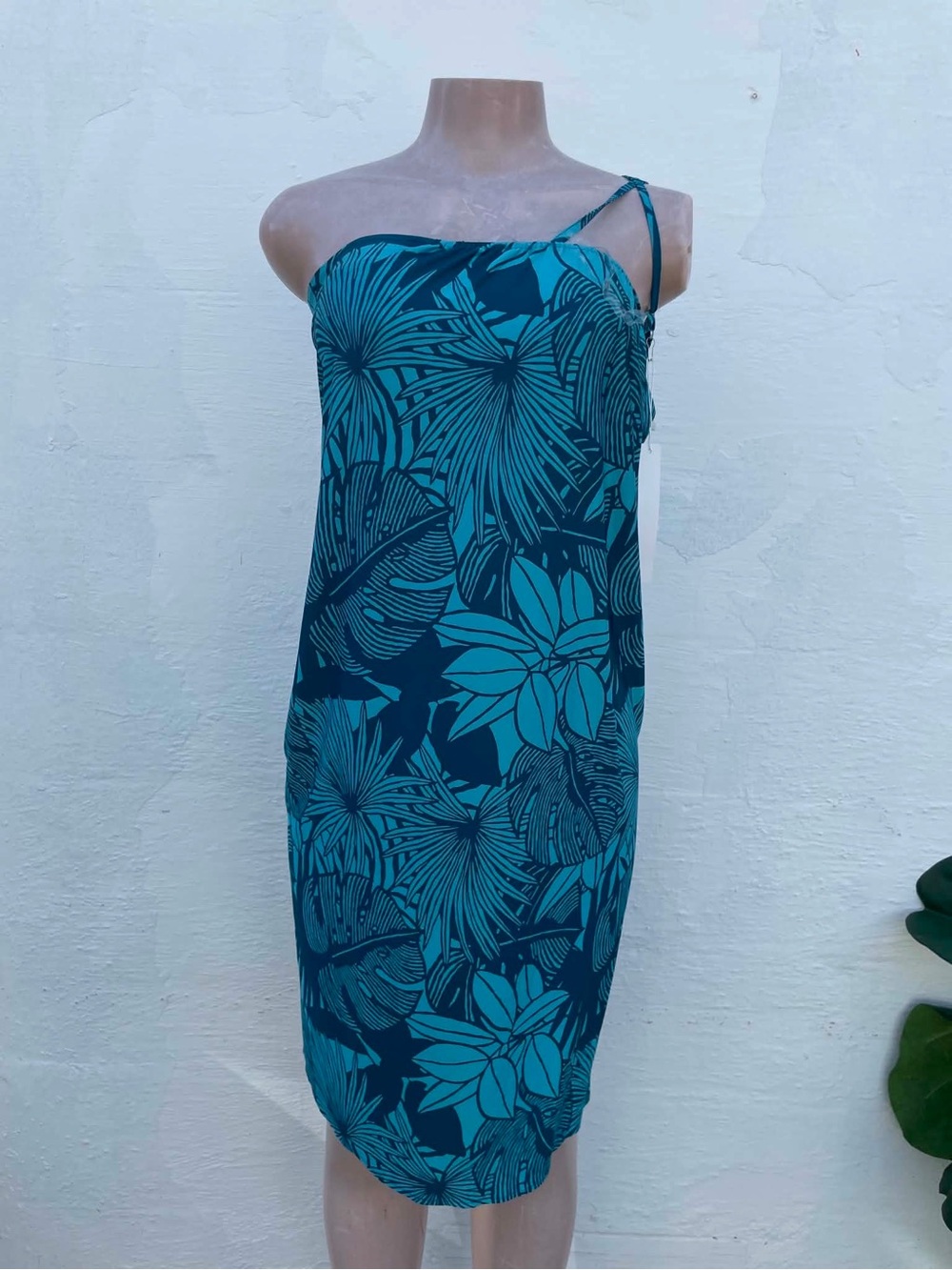 Teal Tropical Print Strapless Sheath Dress
